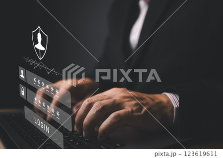 Businessman protecting personal data on laptop with virtual screen interfaces. Cyber security and privacy concepts to protect data. Lock icon and internet network security technology. 123619611