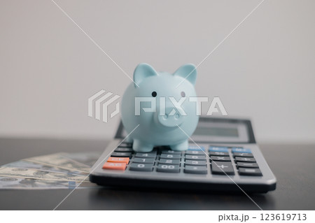 Finance bank tax expense accounting budget money businessman hand use calculator Financial calculate accountant close up calculator with graph chart write office desk Business expense analysis saving 123619713