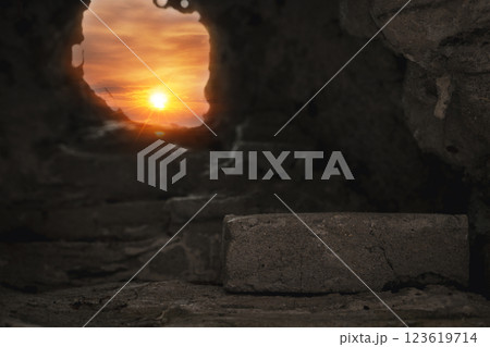 Easter resurrection concept. Jesus Christ resurrection. Empty tomb of Jesus with light. Born to Die, Rise. savior messiah redeemer gospel alive miracle. Christian religion. He is not here he is risen Easter resurrection concept. Jesus Christ resurrection. Empty tomb of Jesus with light. Born to Die, Rise. savior messiah redeemer gospel alive miracle. Christian religion. He is not here he is risen 123619714