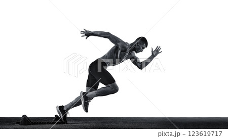 Side view body size portrait of young sportsman, professional runner runs up quickly in motion against white background. Monochrome. Side view body size portrait of young sportsman, professional runner runs up quickly in motion against white background. Monochrome. 123619717