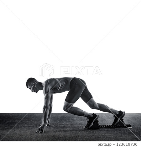 Side view photo of athletic man, standing in low start position ready to be first, against white studio background. Sepia photo filter. 123619730