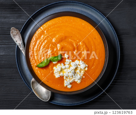roast tomato soup in a bowl, top view roast tomato soup in a bowl, top view 123619763