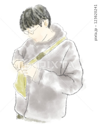 ボディバックから何か出そうとしているメガネの青年水彩イラスト ボディバックから何か出そうとしているメガネの青年水彩イラスト 123620241