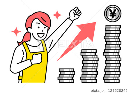 増える資産とガッツポーズで喜ぶエプロン姿の女性 増える資産とガッツポーズで喜ぶエプロン姿の女性 123620243