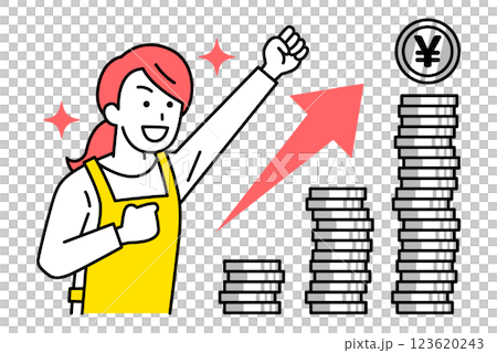 増える資産とガッツポーズで喜ぶエプロン姿の女性 増える資産とガッツポーズで喜ぶエプロン姿の女性 123620243