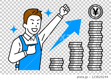 一名身穿圍裙的男子揮舞著拳頭慶祝自己財富的增長 123620244