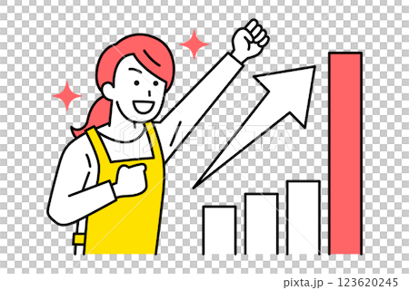 一名身穿圍裙的女子手握拳頭，高興地看著不斷增長的圖表 123620245