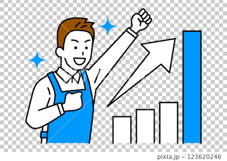 一名身穿圍裙的男子高興地握著不斷增長的圖表和拳頭 123620246