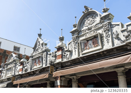 Close-up of the Daxi Old Street Building in Taoyuan, Taiwan. The street is the baroque-style architecture built during Japanese rule.  123620335
