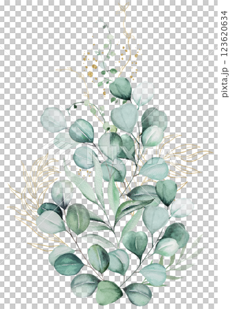 Bouquet with green and golden watercolor eucalyptus leaves, pastel wedding isolated illustration 123620634