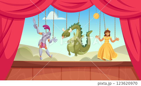 Dummy strings. Theatrical background performance stage with wooden puppet hand manipulation on strings exact vector template 123620970
