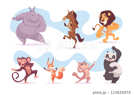 Funny dancers. Cute cartoon animals in action poses jumping dancing flying on party have fun exact vector jungle zoo characters 123620978