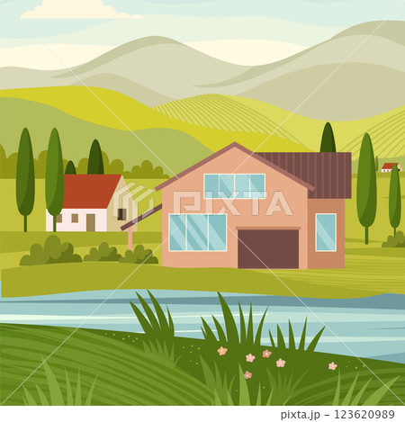 Village landscape. Horizon beauty landscape with houses Village landscape. Horizon beauty landscape with houses 123620989