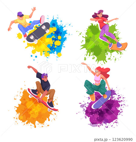 Skaters. Urban skaters jumping on skateboards. vector grunge splashes Skaters. Urban skaters jumping on skateboards. vector grunge splashes 123620990