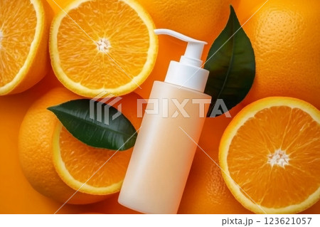 Natural vitamin c skincare products fresh juicy orange fruit slice and green leaf on orange background. Cosmetic beauty product branding mock-up for moisturizing cream, lotion, foam or shampoo 123621057
