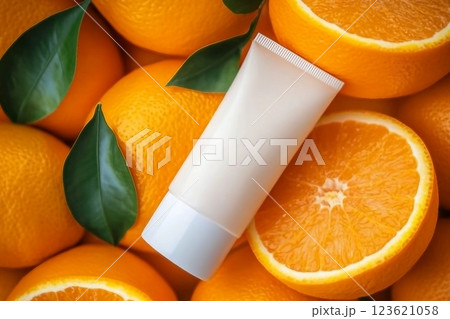 Natural vitamin c skincare products fresh juicy orange fruit slice and green leaf on orange background. Cosmetic beauty product branding mock-up for moisturizing cream, lotion, foam or shampoo 123621058