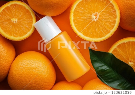 Natural vitamin c skincare products fresh juicy orange fruit slice and green leaf on orange background. Cosmetic beauty product branding mock-up for moisturizing cream, lotion, foam or shampoo 123621059