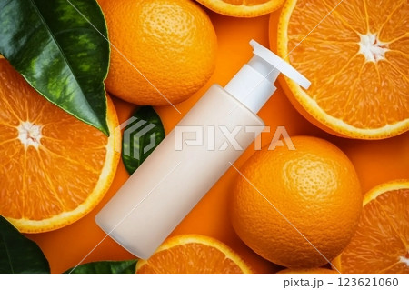 Natural vitamin c skincare products fresh juicy orange fruit slice and green leaf on orange background. Cosmetic beauty product branding mock-up for moisturizing cream, lotion, foam or shampoo 123621060