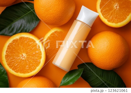 Natural vitamin c skincare products fresh juicy orange fruit slice and green leaf on orange background. Cosmetic beauty product branding mock-up for moisturizing cream, lotion, foam or shampoo 123621061