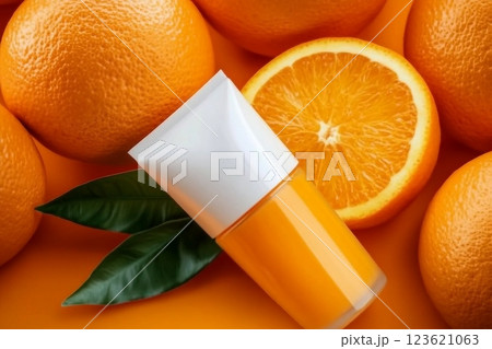 Natural vitamin c skincare products fresh juicy orange fruit slice and green leaf on orange background. Cosmetic beauty product branding mock-up for moisturizing cream, lotion, foam or shampoo 123621063
