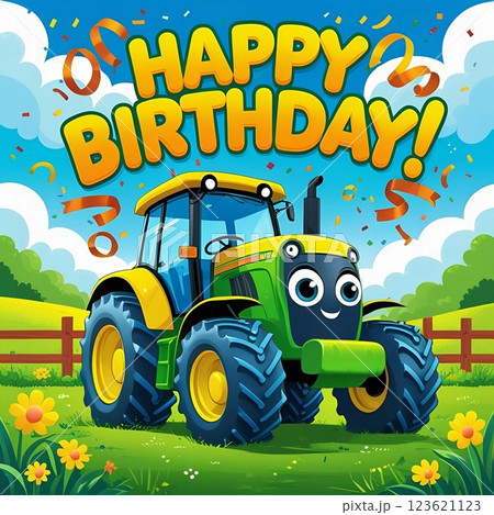 Happy birthday card with cartoon tractor on farm.  123621123