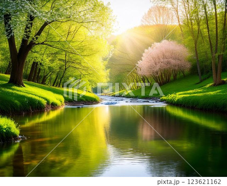 春の小川と柔らかな光 春の日差しが優しく降り注ぐ小川沿いの風景 123621162