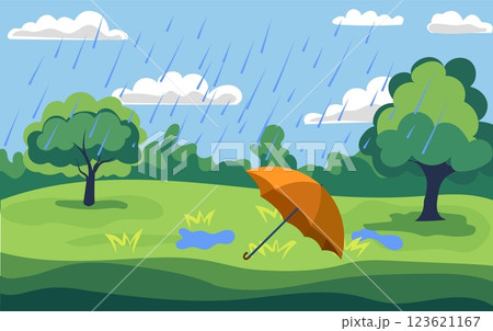 Colorful vector illustration of an orange umbrella in a lush green landscape during a rain shower under a blue sky 123621167