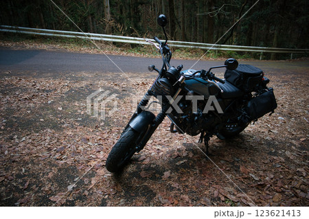 山の中の林道に向かう1台のバイク 123621413
