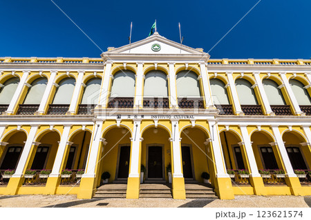 Building view of the Cultural Affairs Bureau at the Tap Seac Square in St. Lazarus District, Macau.  123621574