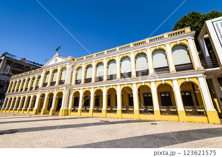 Building view of the Cultural Affairs Bureau at the Tap Seac Square in St. Lazarus District, Macau.  123621575