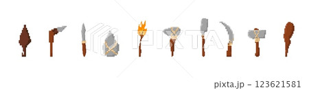Pixel art tools and weapons: collection of primitive items with various designs 123621581