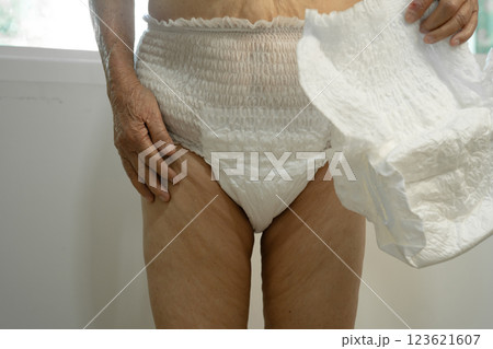 Asian senior woman patient wearing incontinence diaper in hospital, healthy strong medical. 123621607
