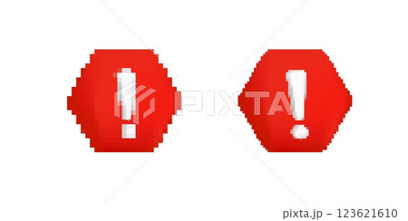Red exclamation marks in hexagonal shapes indicate attention needed or important information 123621610