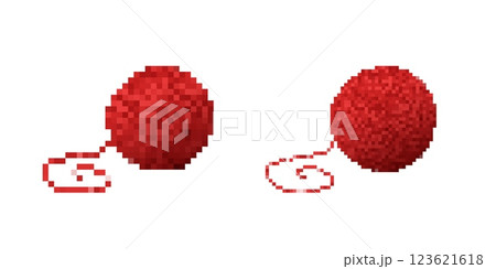 Pixelated red yarn balls show two versions with different levels of detail and texture 123621618
