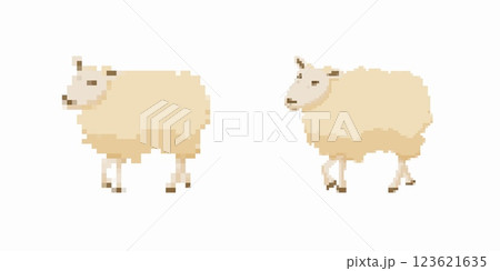 Two pixel sheep with light wool and simple features facing inward 123621635