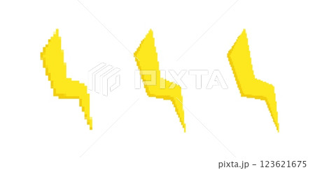 Bright yellow lightning bolt icons in pixel art design repeating in horizontal arrangement Bright yellow lightning bolt icons in pixel art design repeating in horizontal arrangement 123621675