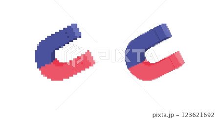 Two red and blue horseshoe magnets in pixel art style display magnetism and attraction 123621692