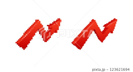 Pixelated and smooth red arrows showing steady upward trend or increase in two styles 123621694