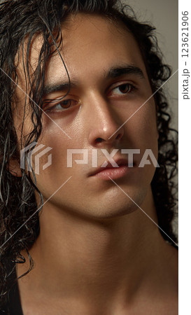 Close-up of handsome young guy with glowing skin and wet curls gazing into distance against neutral background. 123621906