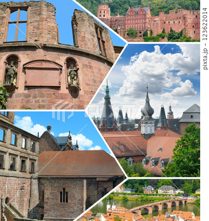 An ancient, partially ruined brick structure from Heidelberg Castle in Germany, with large arched windows framed by weathered stone. Collage. 123622014