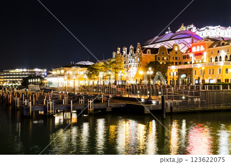 Night view of Fisherman's Wharf in Macau, China, the first-ever cultural, themed, and creative attraction in the tourism industry of Macao.  123622075