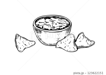 Nachos and salsa sauce bowl vector hand drawn realistic graphic sketch illustration. Mexican traditional triangle corn chips with guacamole dip. Fast food snack for menu design, branding design Nachos and salsa sauce bowl vector hand drawn realistic graphic sketch illustration. Mexican traditional triangle corn chips with guacamole dip. Fast food snack for menu design, branding design 123622151