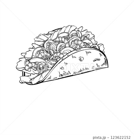 Tacos filling with vegetables, shrimps, salad leaves vector illustration in black and white. Corn tortilla wrap food etching drawing. Traditional Mexican take away burritos sketch for menu design. Tacos filling with vegetables, shrimps, salad leaves vector illustration in black and white. Corn tortilla wrap food etching drawing. Traditional Mexican take away burritos sketch for menu design. 123622152