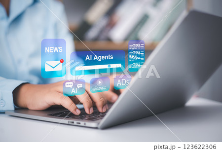 AI agents, AI assistants support human intelligence, Smart assistants for optimized workflows, Automate tasks, Drive innovation, Marketing and advertising, Education, Data Analysis, Sales. 123622306