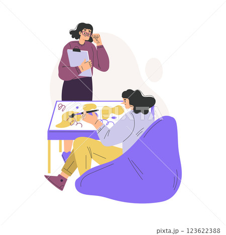 Psychotherapy with Woman Drawing at Mental Therapy Session Vector Illustration 123622388