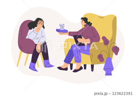 Psychotherapy with Woman at Mental Therapy Session Sit on Chair Vector Illustration 123622391