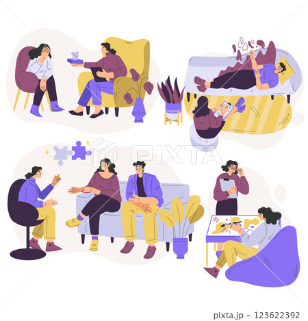 Psychotherapy Variety with Man and Woman at Mental Therapy Session Vector Set 123622392