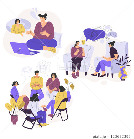 Psychotherapy Variety with Man and Woman at Mental Therapy Session Vector Set Psychotherapy Variety with Man and Woman at Mental Therapy Session Vector Set 123622393