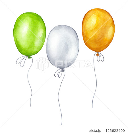 Green, orange and white helium balloons party. Happy St Patrick's Day. Indian Independence Republic Day. Ireland flag tricolor. Hand drawn watercolor illustration isolated background. Happy March 17th Green, orange and white helium balloons party. Happy St Patrick's Day. Indian Independence Republic Day. Ireland flag tricolor. Hand drawn watercolor illustration isolated background. Happy March 17th 123622400