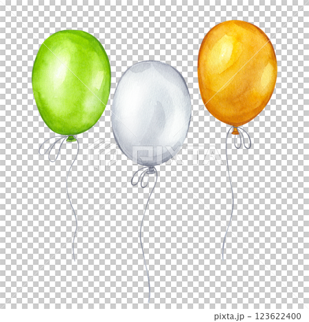 Green, orange and white helium balloons party. Happy St Patrick's Day. Indian Independence Republic Day. Ireland flag tricolor. Hand drawn watercolor illustration isolated background. Happy March 17th 123622400